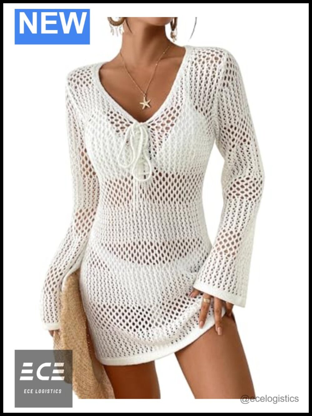 Women Crochet Swim Coverup Long Sleeve V Neck Beach Dress Knit